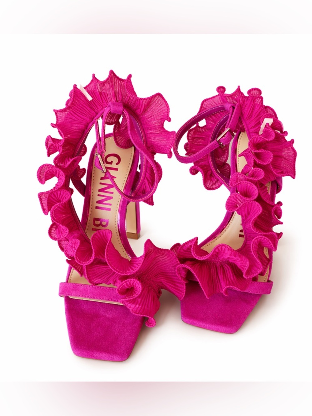 NWT Gianni Bini FRANZ Suede Chiffon Ruffle Dress Sandal Fuschia Sz 7 - Picture 1 of 10